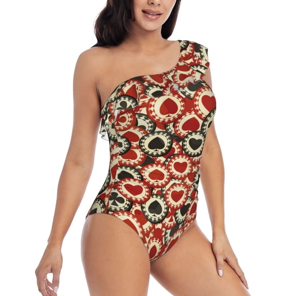 Picia Poker Chips Pattern Women's One Piece Swimsuits,One Shoulder Swimwear Asymmetric ,Ruffle Monokinis Bathing Suits,High Waisted Flattering Bathing Suits-XX-Large