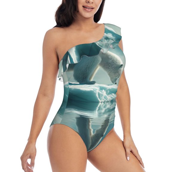 Picia Polar Bear On Iceberg Pattern Women's One Piece Swimsuits,One Shoulder Swimwear Asymmetric ,Ruffle Monokinis Bathing Suits,High Waisted Flattering Bathing Suits-Large
