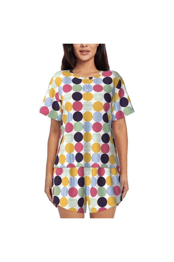Polka Dot Pajamas Sets for Women Soft Short-Sleeved Pjs with Lounge Shorts Two Piece Sleepwear-Medium
