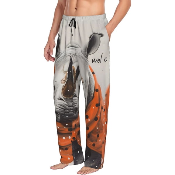 Picia Polka Dot Rhino Welcome Mens Soft Woven Cotton Elastic Waistband Sleep Pajama Pant Lounge Sleep Pant With Pockets And Drawstring-Small