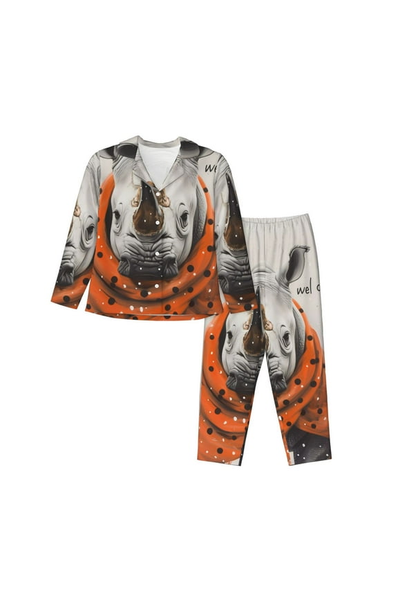 Polka Dot Rhino Welcome Pattern Women’s Long-Sleeve Sleepwear Set - Soft 2-Piece Loungewear with Pockets, Comfy PJs for Relaxing Nights-X-Large