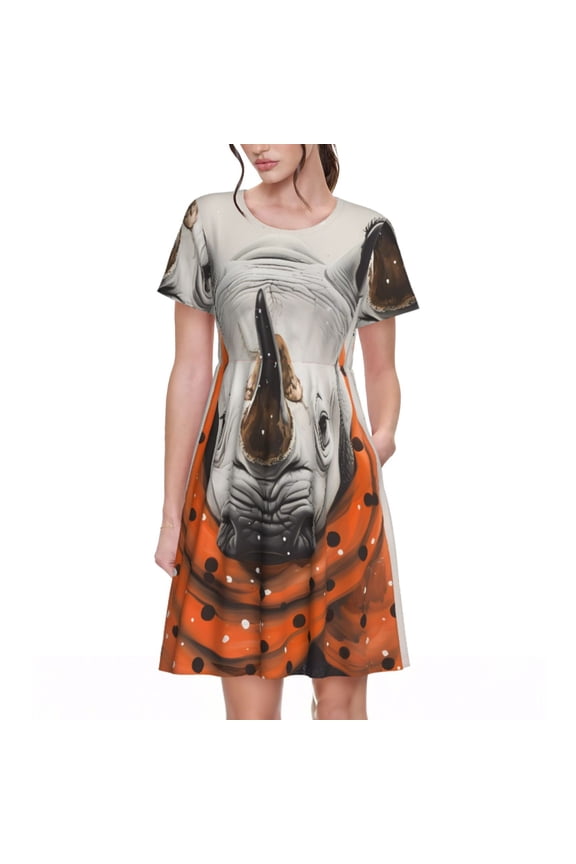 Polka Dot Rhino Welcome Pattern Women's Short Sleeve Summer Dress Pleated Loose Swing Knee Length Short Sleeve Swing Dresses