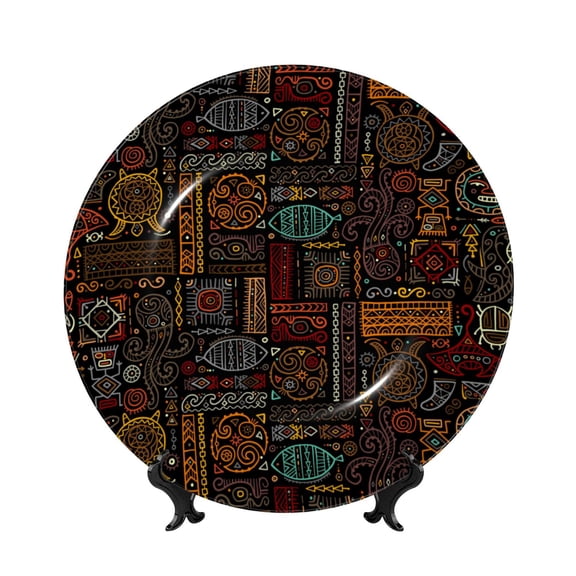 Picia Polynesian Turtles Pattern Bone China Decorative Plate – Wall Decor with Stand and Adhesive, Elegant Ornament for Living Room, Office, or Entryway-7in