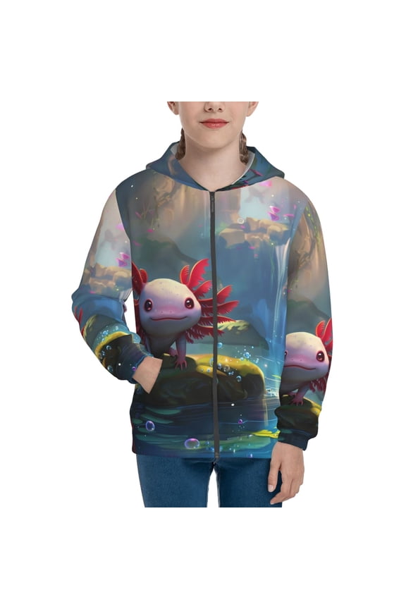 Pond Cute Axolotl for Boys Fashion Full-zip Hoodies & Sweatshirts with Kangaroo Pocket,Zip-up Hooded Sweatshirt for Kid, Moisture Wicking & Breathable-Small