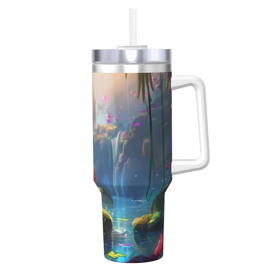 Picia Pond Cute Axolotl Pattern 40oz Ice Bully Insulated Tumbler with Handle, Double-Wall Stainless Steel Cup, Leak-Proof Lid and Straw