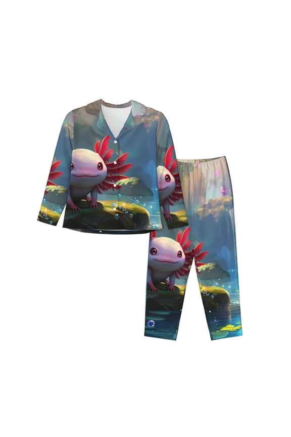 Pond Cute Axolotl Pattern Women’s Long-Sleeve Sleepwear Set - Soft 2-Piece Loungewear with Pockets, Comfy PJs for Relaxing Nights-Large