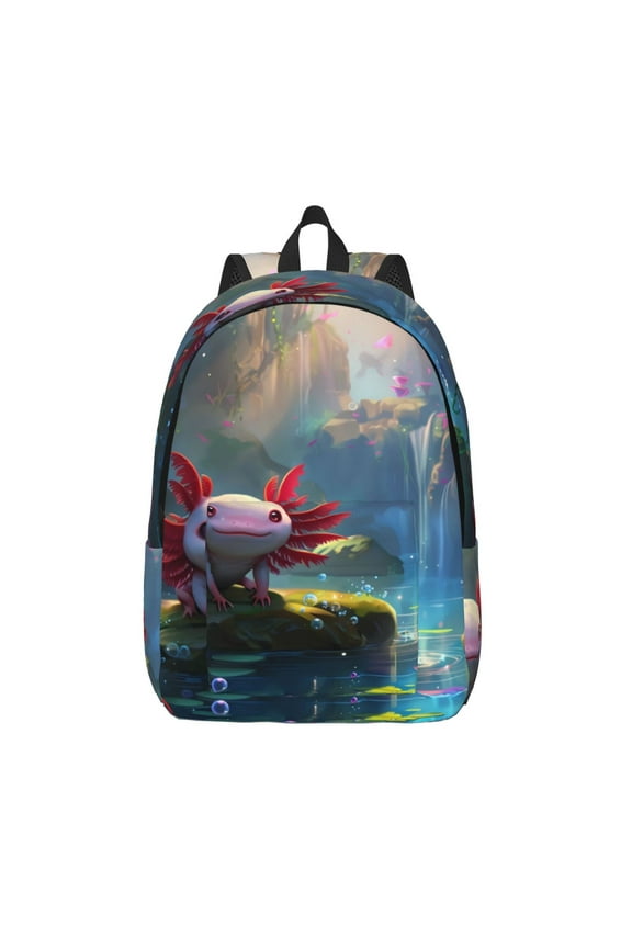 Pond Cute Axolotl Printed Canvas Daypack - Stylish and Durable Vintage Compact Backpack - Class, Work, Travel, or Laptop Bookbag,Organized Compartments-Small