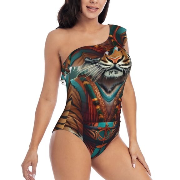 Picia Pond Meditating Tiger Pattern Women's One Piece Swimsuits,One Shoulder Swimwear Asymmetric ,Ruffle Monokinis Bathing Suits,High Waisted Flattering Bathing Suits-Large