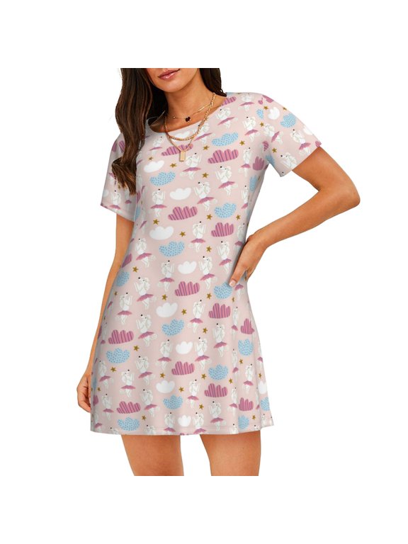Poodle In Ballet Skirts Dancing Pattern Women’s Nightdress – Casual Short-sleeved Loose-Fit Sleepwear, Soft Cotton Short-Sleeve Sleep Shirt for Relaxation & Comfort