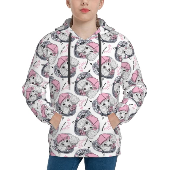 Picia Poodle Dog Pattern Youth Hoodie - Warm Pullover Sweatshirt with Kangaroo Pocket, Ideal for Boys and Girls-Large