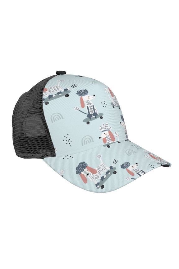 Poodle Playing Skateboard Pattern Trucker Hat,Baseball Cap,Sun Protection Cap,Stylish Headwear,Leisure Cap,Outdoor Sports Cap