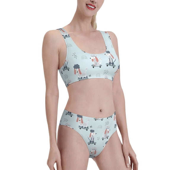 Picia Poodle Playing Skateboard Women's High Waisted Bikini Scoop Neck Swimsuit Two Pieces Bathing Suit-Medium