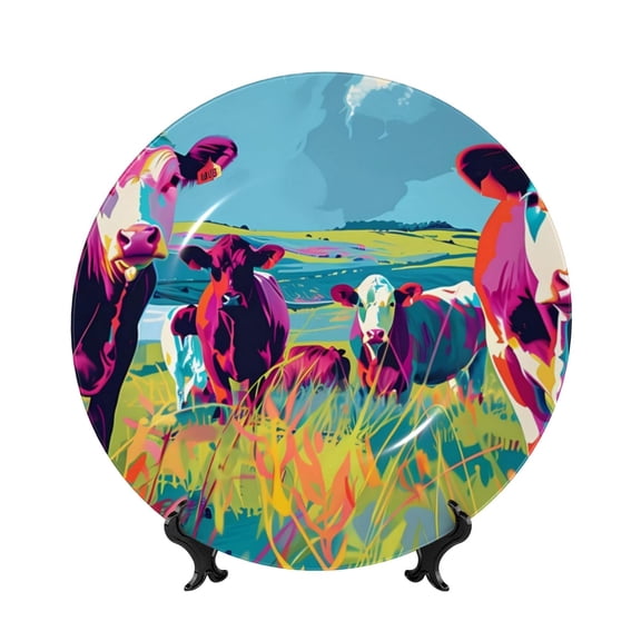 Picia Pop Art Colorful Cows Pattern Bone China Decorative Plate – Wall Decor with Stand and Adhesive, Elegant Ornament for Living Room, Office, or Entryway-6in