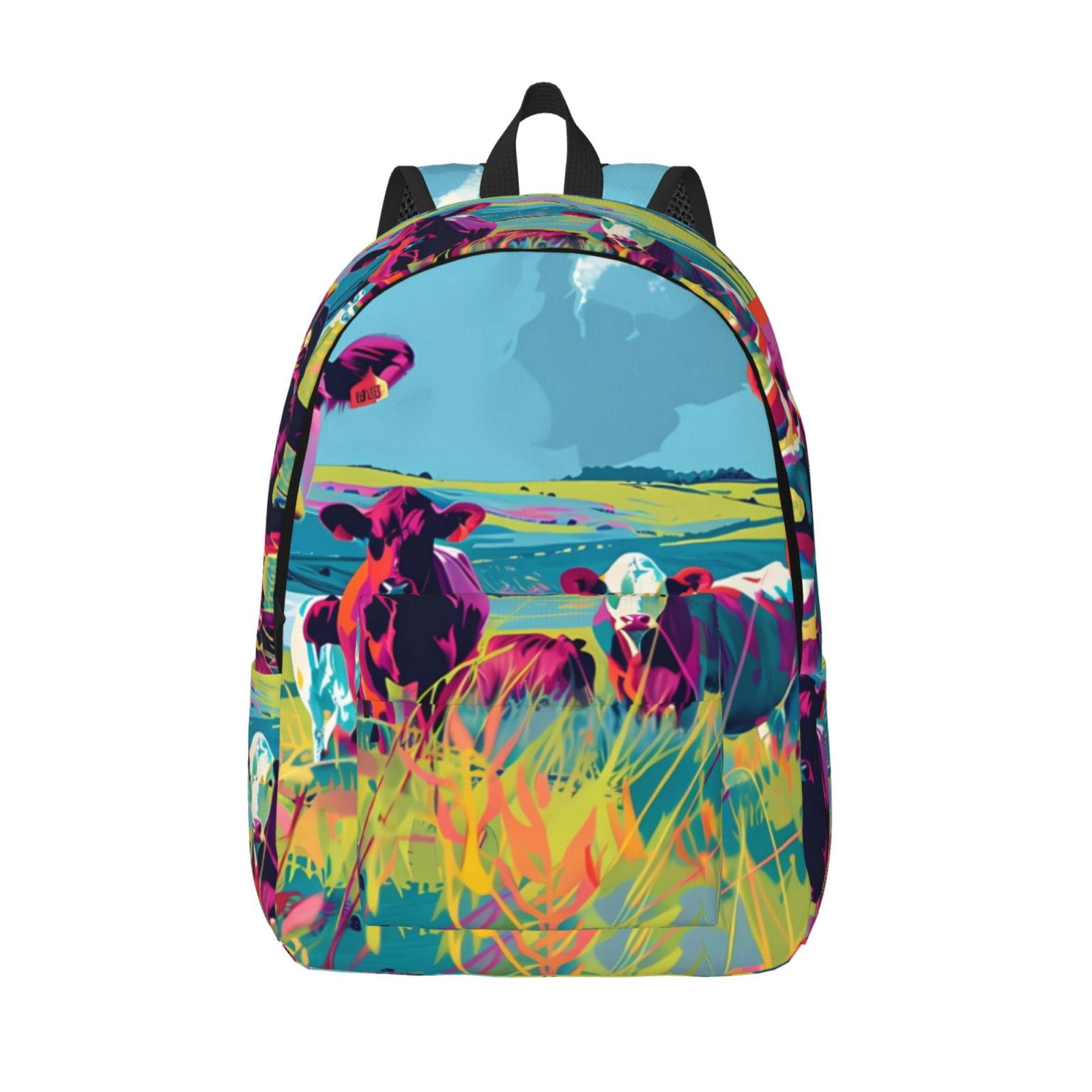 Picia Pop Art Colorful Cows Printed Canvas Daypack - Stylish and Durable Vintage Compact Backpack - Class, Work, Travel, or Laptop Bookbag,Organized Compartments-Medium
