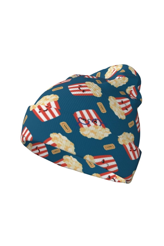 Popcorn With Glasses Pattern Knitted Beanie Hat for Men and Women , Unisex Winter Warm Stretchy Knit Cap Thick Fisherman Beanies Cuffed Plain Skull Caps