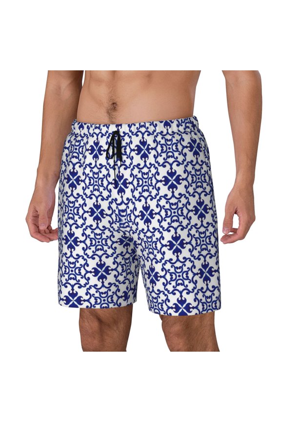 Porcelain Chinaware pattern Mens Swim Trunks with Compression Liner Stretch Beach Shorts Quick Dry with Zipper Pockets No-Chafing Board Shorts-Small