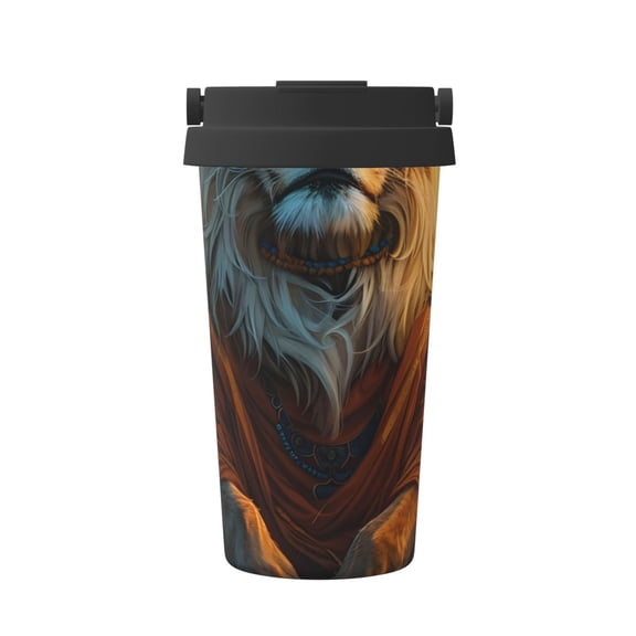 Picia Prairie Meditating Lion Pattern 500ml Carry Insulated Coffee Mug, Stainless Steel Travel Mug with Hidden Handle, Leak-Proof for Car, Office, Home, and Outdoor Use