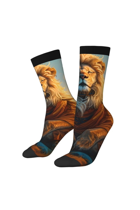 Prairie Meditating Lion Print Athletic Socks for Men & Women – Cushioned Moisture-Wicking Crew Socks for Sports, Running, and Training, Soft & Breathable Size 5-11