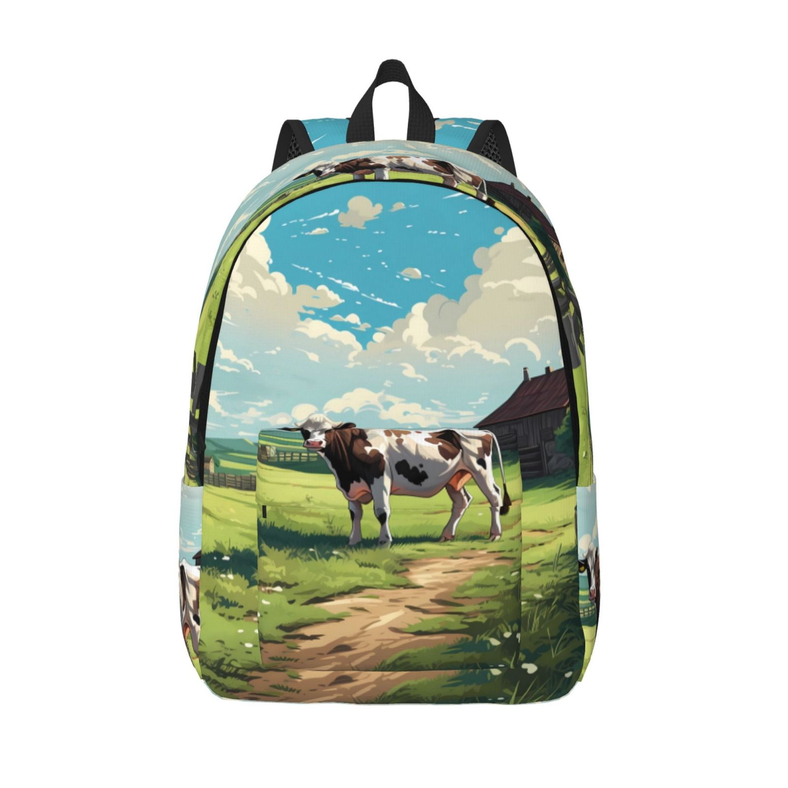 Picia Prairie Pasture Cow Printed Canvas Daypack - Stylish and Durable Vintage Compact Backpack - Class, Work, Travel, or Laptop Bookbag,Organized Compartments-Medium
