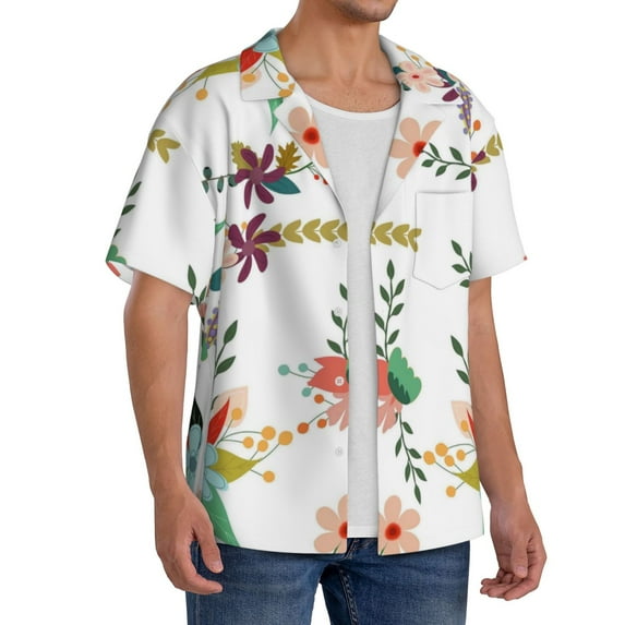Picia Pretty Floral With Leaves Men's Linen Shirts Short Sleeve Cuban Beach Shirts Casual Shirts Button Down Shirt for Men Beach Summer Wedding Shirt-Small
