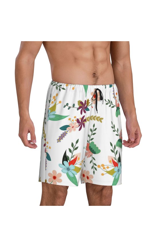 Pretty Floral With Leaves Pajama Shorts for Men, Men's Pajama Bottoms, Sleepwear,Short Pajama Pants-Medium