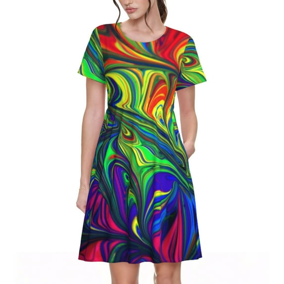 Picia Pride Rainbow Pattern Women's Short Sleeve Summer Dress Pleated Loose Swing Knee Length Short Sleeve Swing Dresses