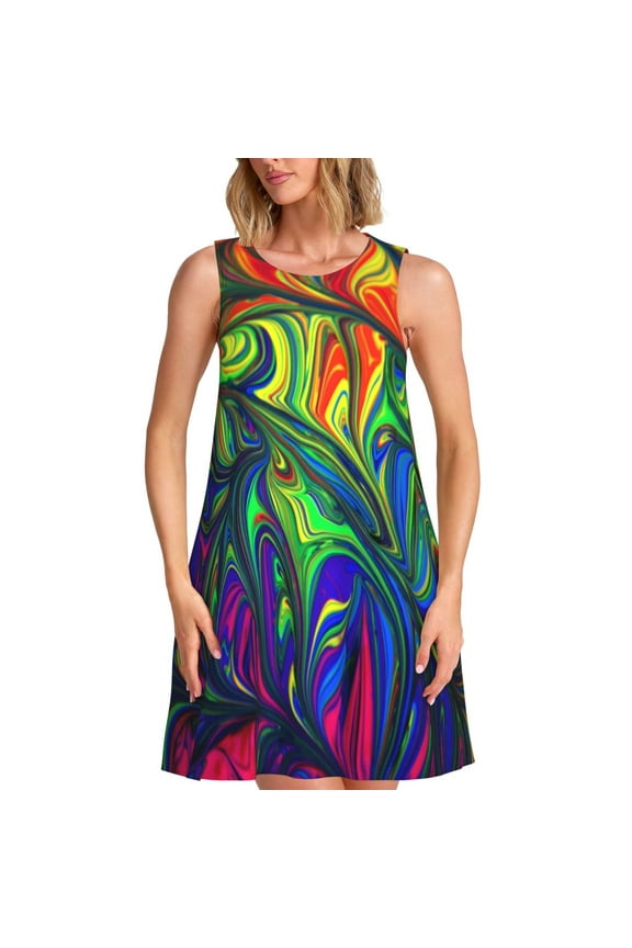 Pride Rainbow Print Women’s Sleeveless Midi Swing Dress – A-Line Pleated Tank Sundress, Comfortable and Flowy T-Shirt Dress