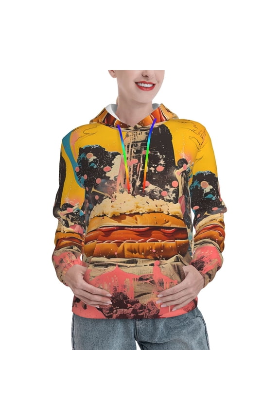 Psychedelic Band Hotdog Art Pattern Casual Women's Hoodie, Hooded Sweatshirt with Kangaroo Pocket, Comfortable Pullover with Eye-catching Drawstrings-X-Large