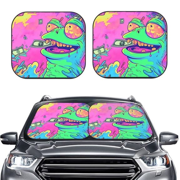 Picia Psychedelic Cartoon Frog 2 Piece Car Windshield Sun Shade Foldable | Foldable Sun Shield for Front Window Blocks UV Rays and Keeps Your Vehicle Cool-Medium