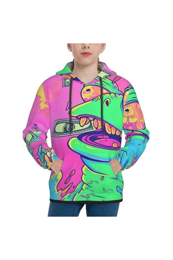 Psychedelic Cartoon Frog Pattern Youth Hoodie - Warm Pullover Sweatshirt with Kangaroo Pocket, Ideal for Boys and Girls-Large