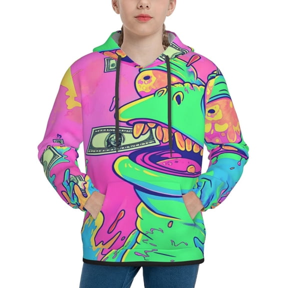 Picia Psychedelic Cartoon Frog Pattern Youth Hoodie - Warm Pullover Sweatshirt with Kangaroo Pocket, Ideal for Boys and Girls-Medium