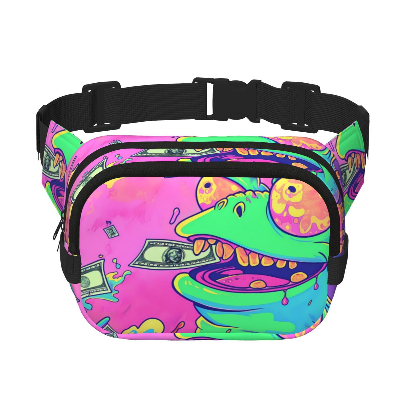 Picia Psychedelic Cartoon Frog Print Square Double-Layer Waist Bag Mini Adjustable Waist Belt Bag Exercise Running Travel Hiking