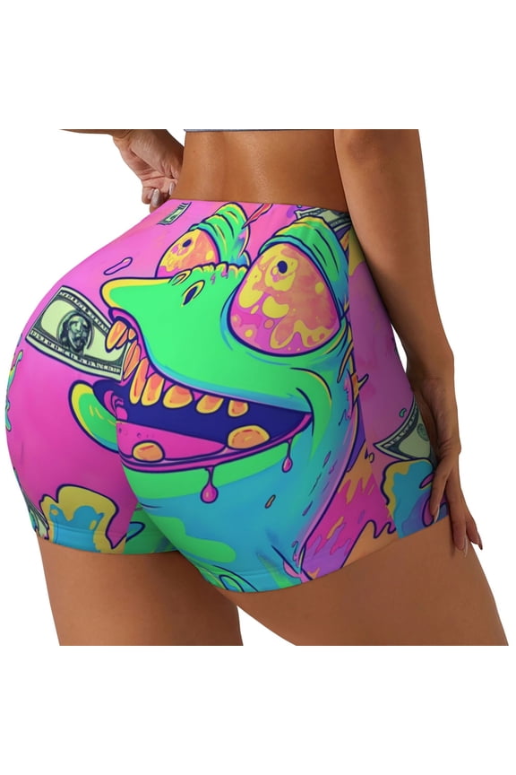 Psychedelic Cartoon Frog Printed Workout Shorts for Women Seamless Scrunch Butt Lifting High Waisted Yoga Gym Booty Running Moisture-wicking Short Pants-Large