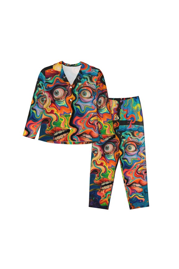Psychedelic Faces Colorful Pattern Women’s Long-Sleeve Sleepwear Set - Soft 2-Piece Loungewear with Pockets, Comfy PJs for Relaxing Nights-Medium