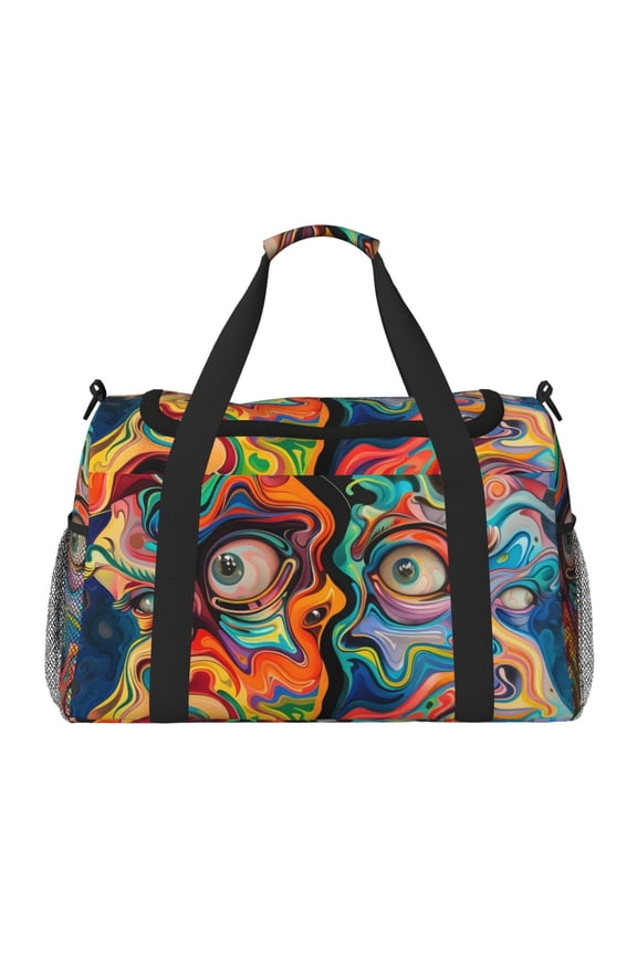 Psychedelic Faces Colorful Print Travel Duffle Bag,Weekender Bags for Women with Shoe Compartment, Gym Duffel Bag with Wet Pocket, Hospital Bags for Labor and Delivery