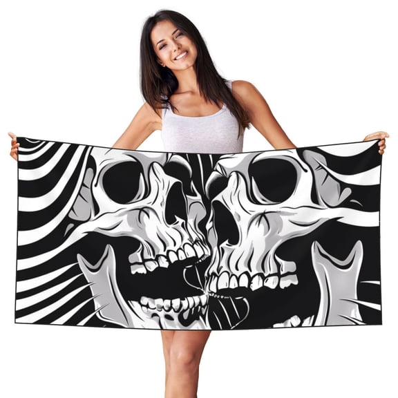 Picia Psychedelic Skull Illusion Art Print Silver Fox Velvet Beach Towel,Quick-Dry Beach Towel,Lightweight Travel Towel,Portable Beach Towels