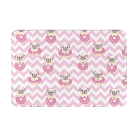 Picia Pug And Donut Pattern Flannel Doormat 16x24 Inch Non-Slip Indoor Mat, Absorbent & Quick-Dry Rug for Entryway, Bathroom, Kitchen, and Bedroom, Machine Washable