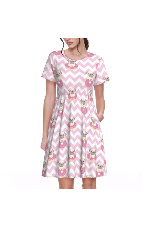 Pug And Donut Pattern Women's Short Sleeve Summer Dress Pleated Loose Swing Knee Length Short Sleeve Swing Dresses