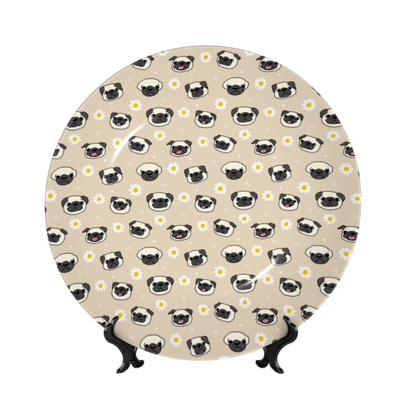 Picia Pug Dog Face Pattern Bone China Decorative Plate – Wall Decor with Stand and Adhesive, Elegant Ornament for Living Room, Office, or Entryway-7in