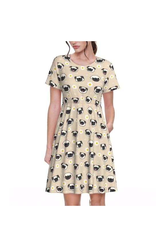 Pug Dog Face Pattern Women's Short Sleeve Summer Dress Pleated Loose Swing Knee Length Short Sleeve Swing Dresses