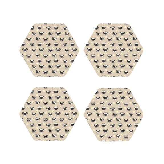 Picia Pug Dog Face Printed Leather Coasters for Drinks, 4" Drink Coasters Set of 4 for Tabletop Protection, Handmade Luxurious Home Décor and Housewarming Gift -Hexagon