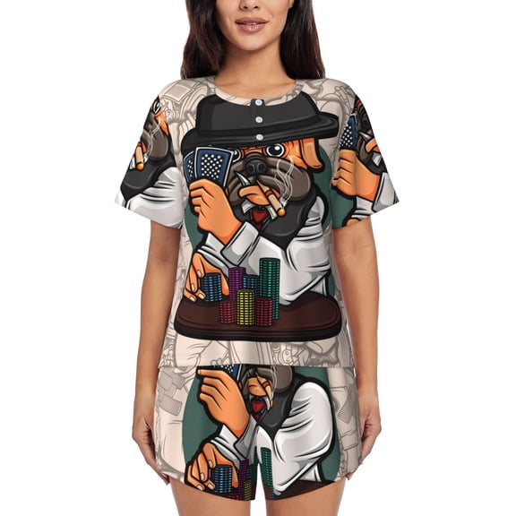 Picia Pug Dog Pajamas Sets for Women Soft Short-Sleeved Pjs with Lounge Shorts Two Piece Sleepwear-