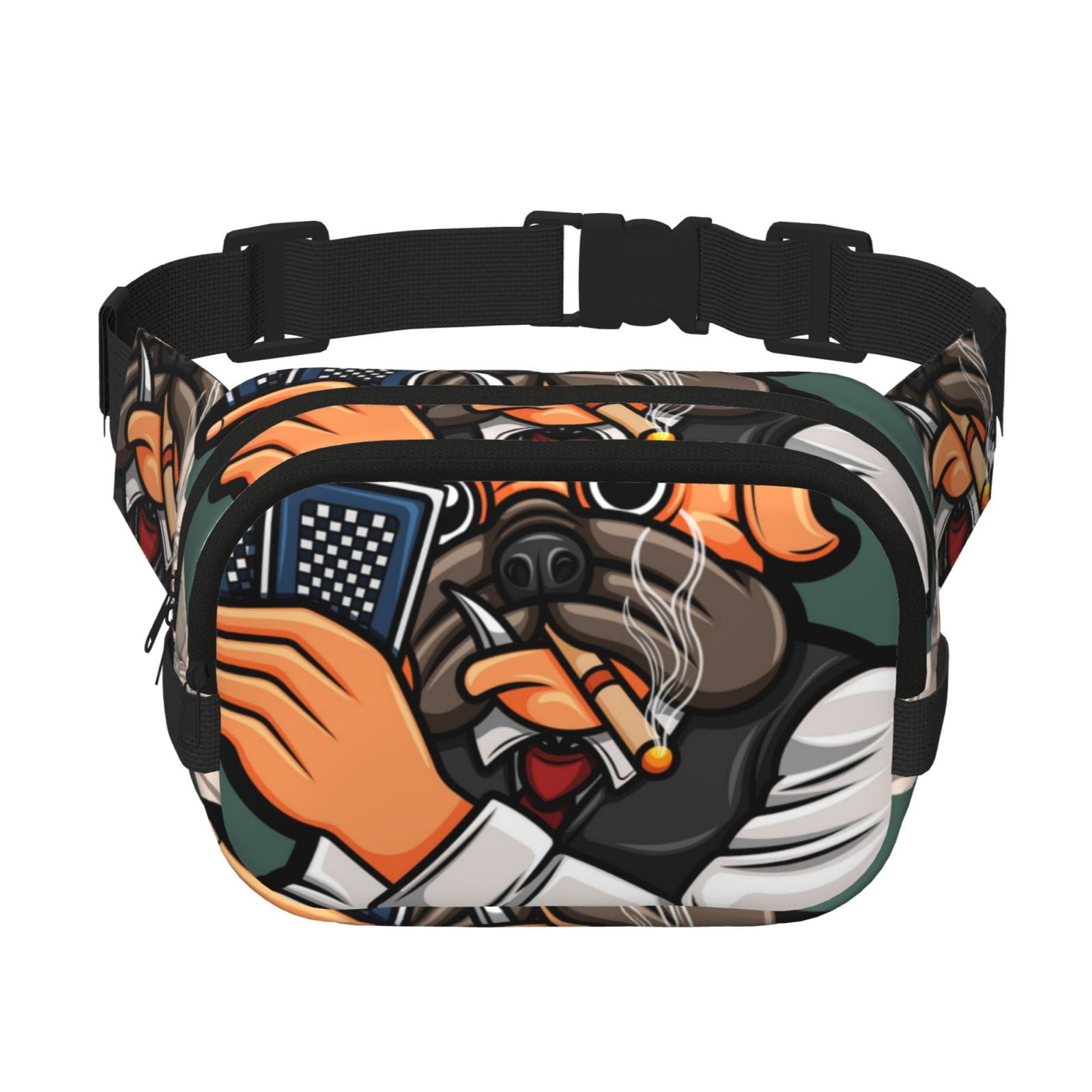 Picia Pug Dog Print Square Double-Layer Waist Bag Mini Adjustable Waist Belt Bag Exercise Running Travel Hiking