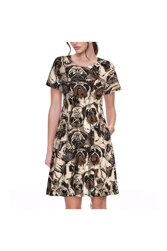 Pug Pattern Women's Short Sleeve Summer Dress Pleated Loose Swing Knee Length Short Sleeve Swing Dresses
