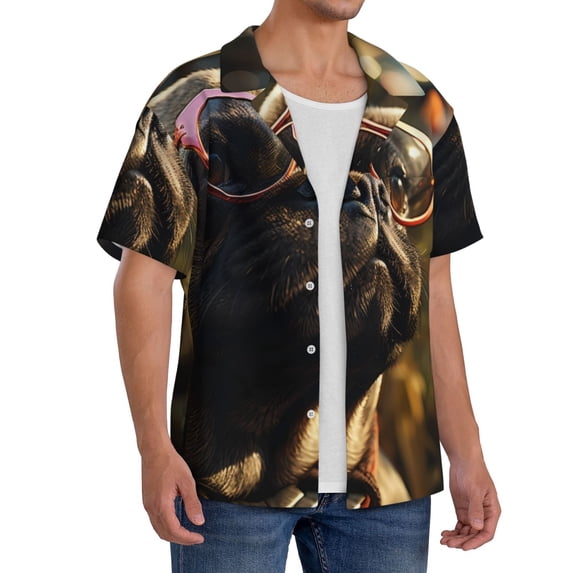 Picia Pug Wearing Sunglasses Flowers Men's Linen Shirts Short Sleeve Cuban Beach Shirts Casual Shirts Button Down Shirt for Men Beach Summer Wedding Shirt-XX-Large