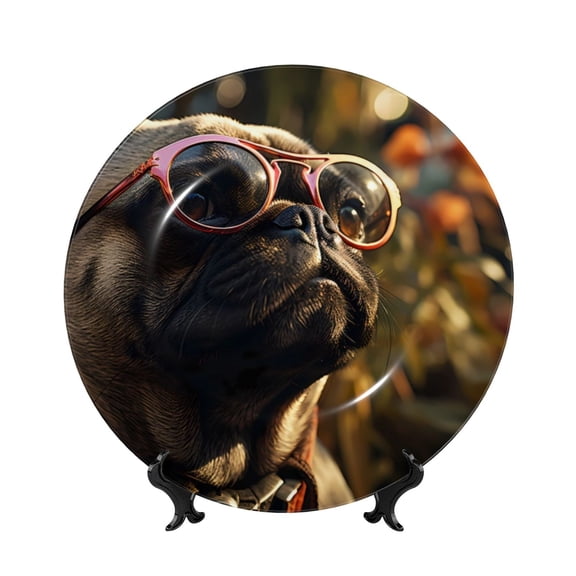Picia Pug Wearing Sunglasses Flowers Pattern Bone China Decorative Plate – Wall Decor with Stand and Adhesive, Elegant Ornament for Living Room, Office, or Entryway-8in