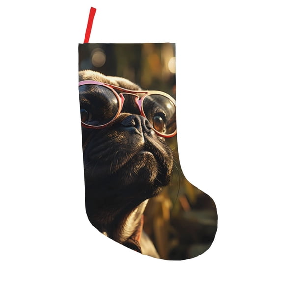 Picia Pug Wearing Sunglasses Flowers for 18in Christmas Stockings, Xmas Stocking for Kids, Holiday and Family Stocking for Fireplace or Party Decoration