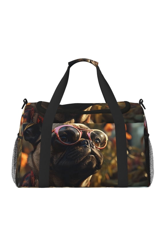 Pug Wearing Sunglasses Flowers Print Travel Duffle Bag,Weekender Bags for Women with Shoe Compartment, Gym Duffel Bag with Wet Pocket, Hospital Bags for Labor and Delivery