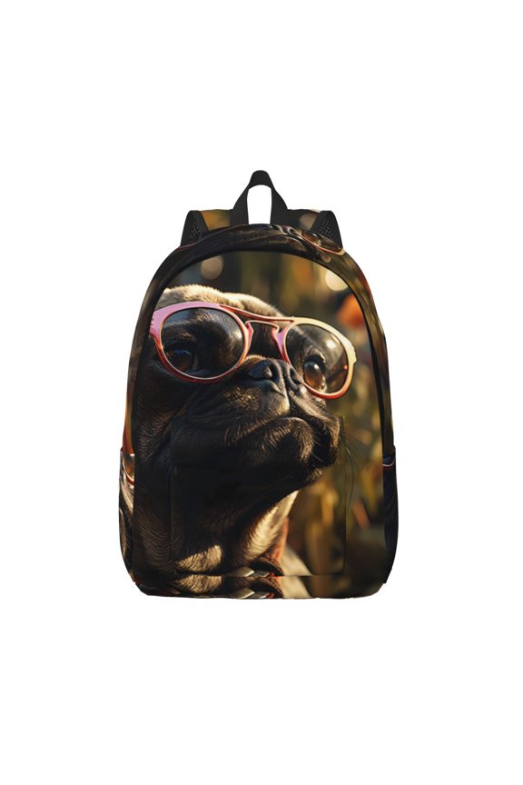 Pug Wearing Sunglasses Flowers Printed Canvas Daypack - Stylish and Durable Vintage Compact Backpack - Class, Work, Travel, or Laptop Bookbag,Organized Compartments-Medium