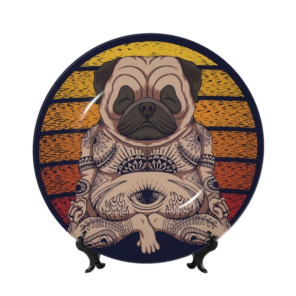 Picia Pug dog Yoga Pattern Bone China Decorative Plate – Wall Decor with Stand and Adhesive, Elegant Ornament for Living Room, Office, or Entryway-7in